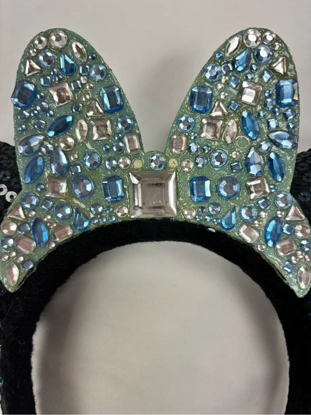 Disney Parks Disneyland Sequin Blue Silver Gems Minnie Mouse Ears FLAW As-Is